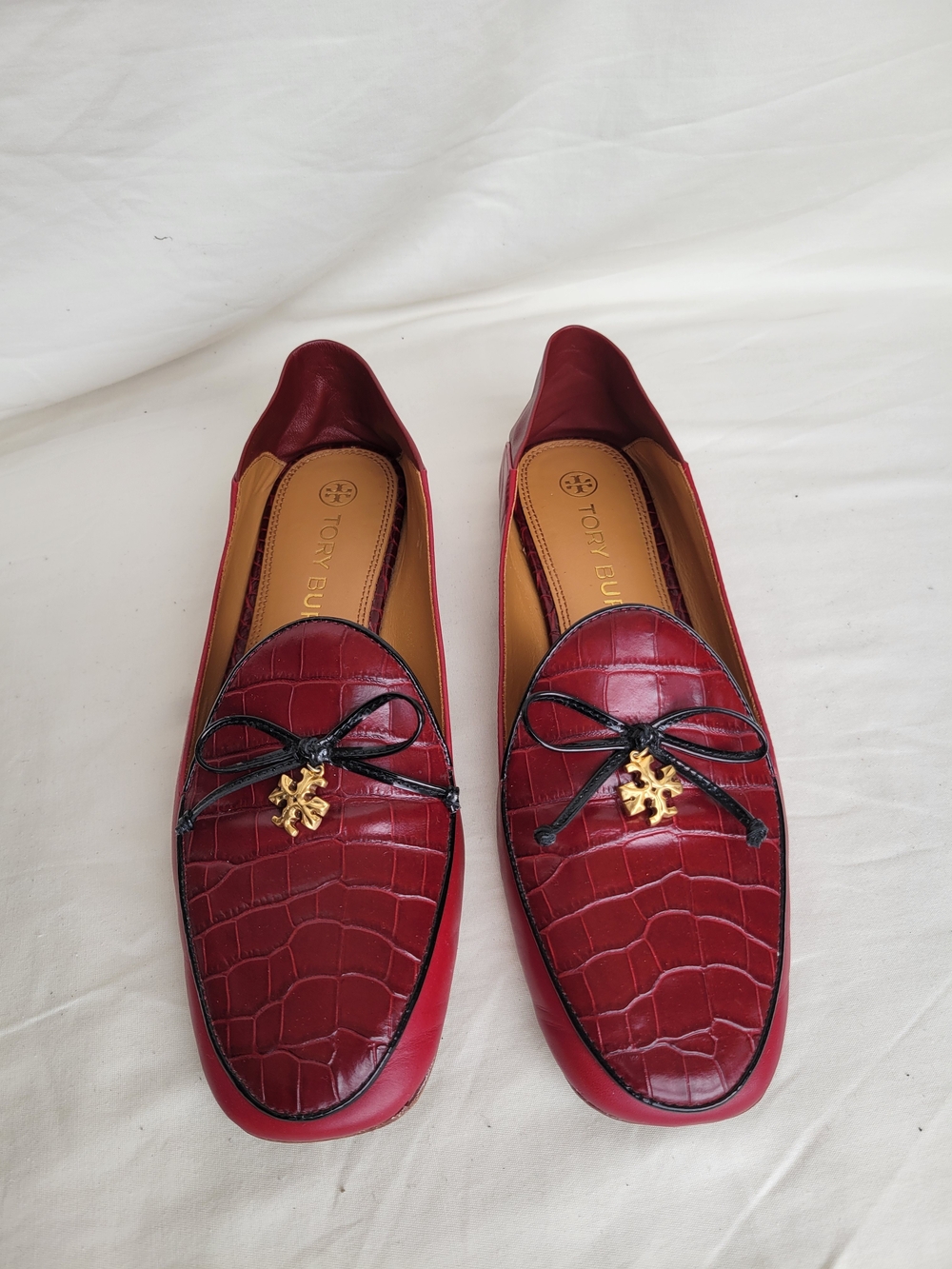 Tory Burch Deep Red Croc Embossed Leather Loafers | Gold Charm | Elegant Slip-On